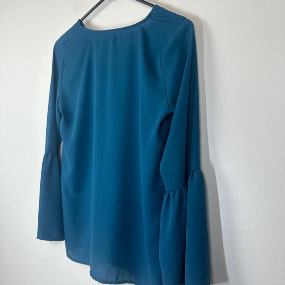 Abercrombie & Fitch Womens Bell Peasant Sleeve Lace-Up V-Neck Teal Blouse Top XS - Picture 5 of 8